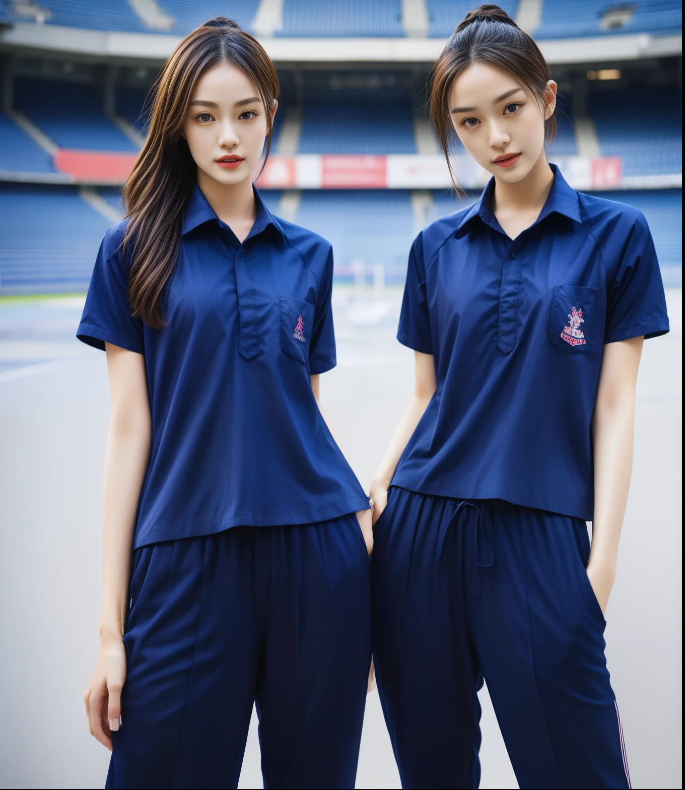 (bestquality,10,10,highres,masterpiece:1.2),ultra-detail,(Realistic,photorealistic portrait,photo-realistic:1.37),1 Cute girl in the football field,oily shiny skin,bara,light smile,BDclothes,((blue shirt:1.3)),short sleeves,shirt, trousers.,(navy_long_Pants Track:1.1), ((Stadium Background:1.3)),dynamic angle,excited,face focus,Dynamic Poses,from behide,Ass Focus,masterpiece, bestquality, ultra realistic, hyper-detail, 8k resolution, RAW photo, crisp focus, ((Navy blue shirt:1.1)), short sleeves, Long Path, Perfect body, 2 mature women, 18yo, cinematic light,Blue sweatpants,Gymware,Correct anatomy,Complete body, Correct body, sharp face, Anatomically correct body, full entire body, Realistic gestures, long-haired, Realistic poses,Wear long shorts............................,Long leg span,Shapely,Sculpting Girl, Slender Figure, mannequin mannequins, Shapely, Beautiful body,Blue sweatpants, Two girls kissing