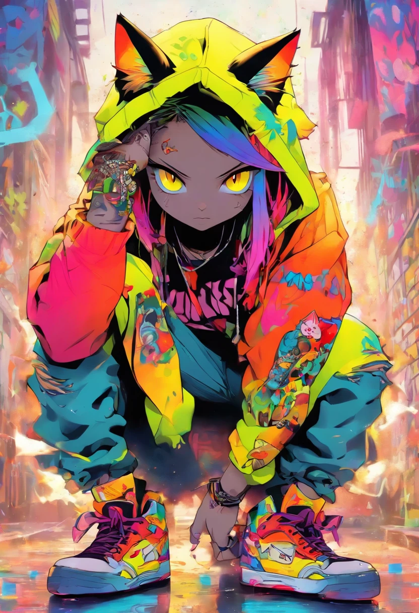 A cool and stylish cat, Rainbow-colored hair, yellow-eyed, Wear trendy hip-hop outfits, wearing a hoody, Graphic T-shirt and ripped jeans, Lots of tattoos and piercings, graffiti style background, very highly detailed background, Perfect masterpiece, high qulity, A high resolution