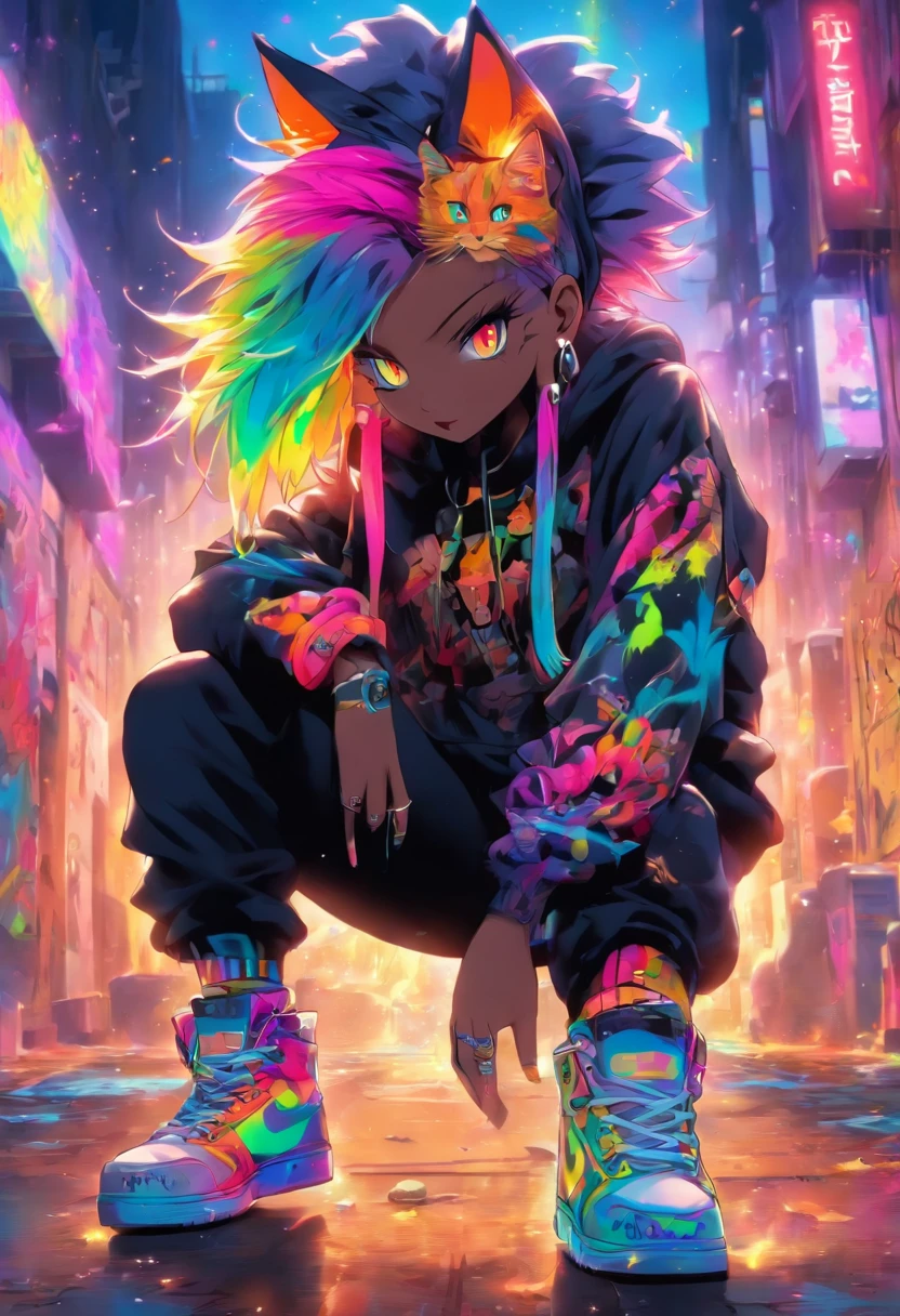 A cool and stylish cat, Rainbow-colored hair, yellow-eyed, Wear trendy hip-hop outfits, wearing a hoody, Graphic T-shirt and ripped jeans, Lots of tattoos and piercings, graffiti style background, very highly detailed background, Perfect masterpiece, high qulity, A high resolution
