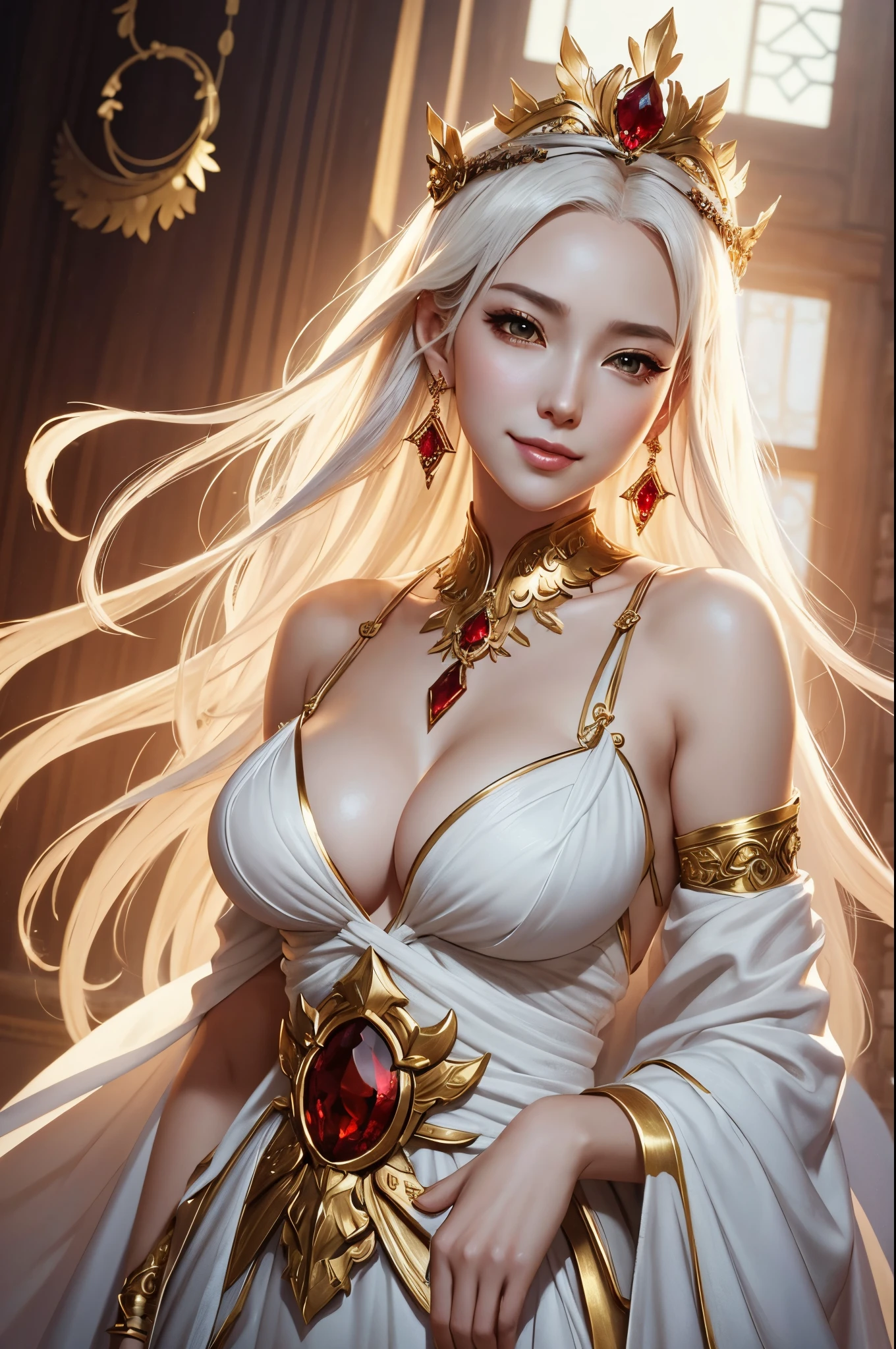 8K,Empress goddess wearing a white dress and holding golden feathers, Mature goddess with very big breasts,Super beauty(Like the real thing)super realistic skin,sexy goddess costume,beautiful long white hair,Delicate and precise golden decoration,fanart best artstation, ig model | ArtGerm, a beautiful fantasy empress, ArtGerm. very detailed Artgerm, 2. 5 d cgi anime fantasy artwork, wlop and ross tran, ((a beautiful fantasy empress)), Trending on CGSTATION, ross tran and wlop,big earrings with red gemstones,Very gentle smile,very large breast,