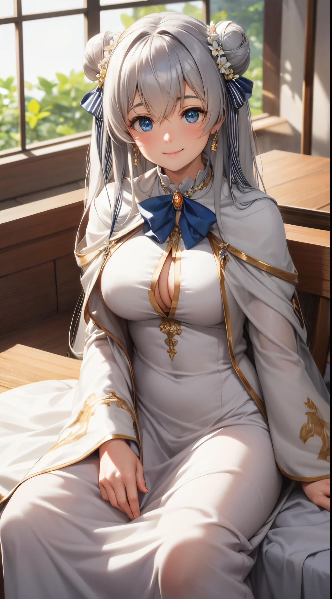 best quality,highres,ultra-detailed,realistic,photorealistic:1.37,portrait, intricate white long dress, ((modest dress)), sitting, classroom,silver long hair,bun hair,smiling woman,close up to abs, ((big breast)), beautiful detailed eyes,beautiful detailed lips,flower petals on air, vivid colors,studio lighting,soft sunlight, happy face