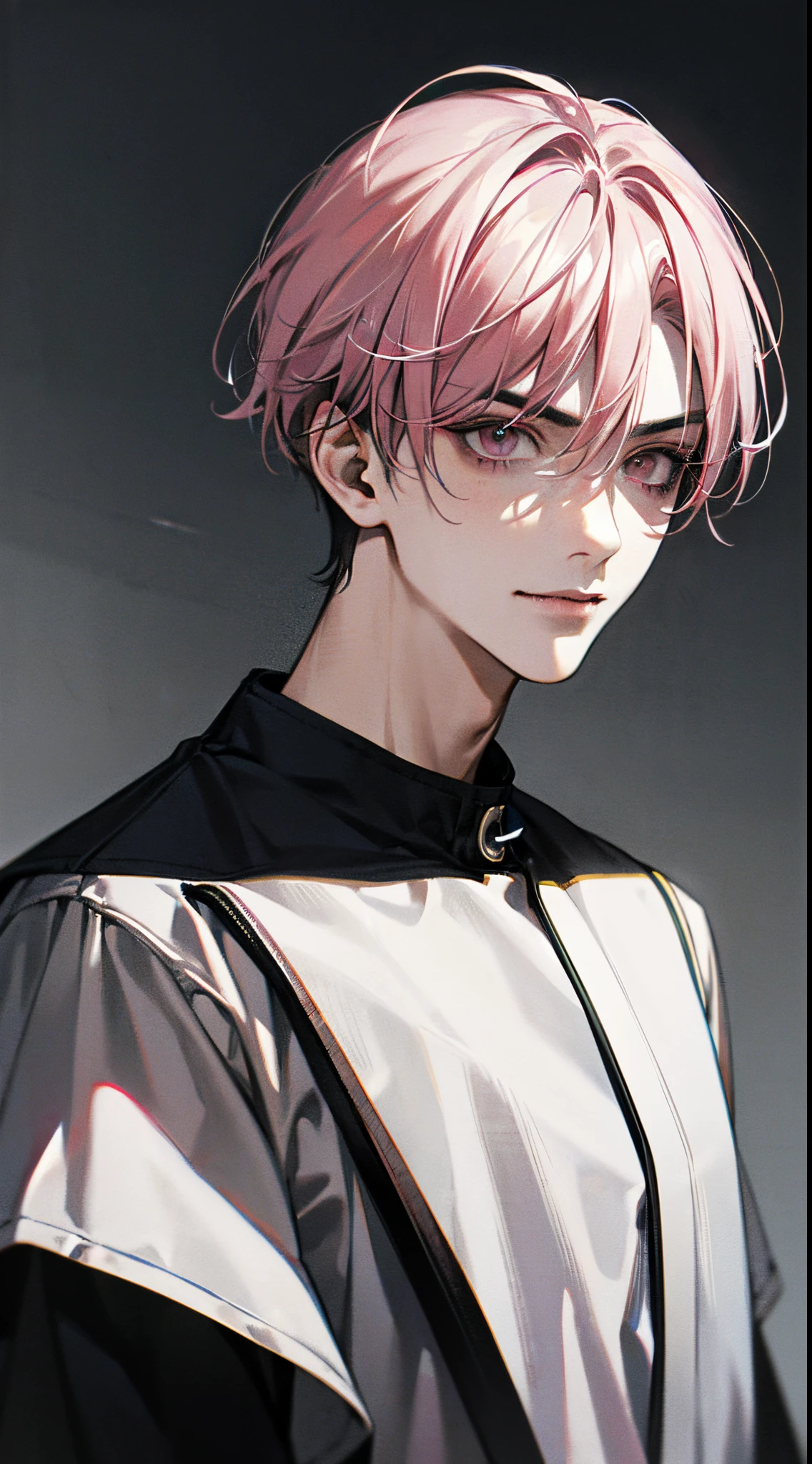 1boy, (Grey Eye) ((Pink Hair Color| black hair color)) , short hair, pink clothes, piercings, a smile, ((独奏)), Evil eyebrows, (gray eyes color), (close up face, Masterpiece, Best Quality:1.2), 8K, offcial art, absurdres,(very dark Grey  background:1.4), ultra realistis, high-definition, Photography, Film grain, chromatic aberration, sharp-focus, HDR, Colorless eyes