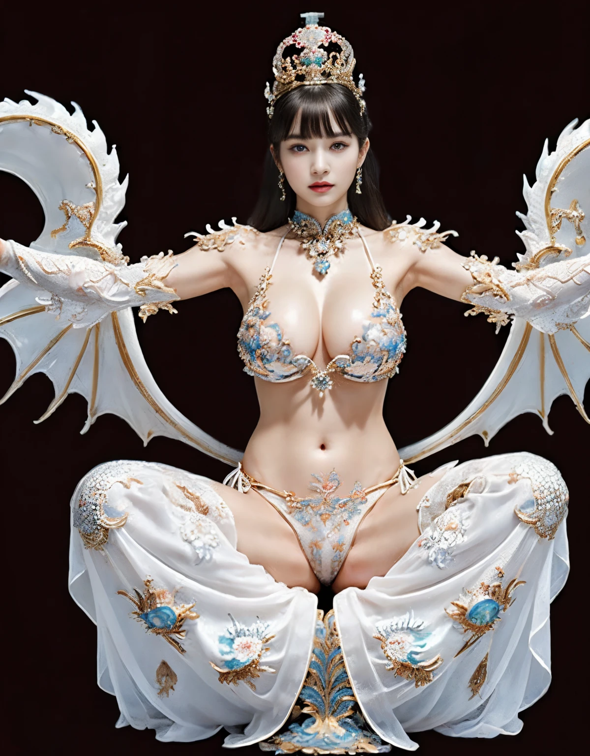 (heavy breasts)、top-quality、masterpiece、超A high resolution、(Silver Dragon Armor)、(((Colossal tits))),dragon armor、(((large floral ornament on the head))),(((Detailed Micro Bikini))),(Wearing a beautiful crown made of jewels),(Photorealsitic:1.4)、Raw photo、1人、(((Random hair))、(((Take different poses)))、glowy skin、(((White Chinese Dragon)))、Intricate and ornate hair ornaments、(Gorgeous Jewelry Necklaces)、(Mystical expression)、(Full Body Angle)、(Fight big dragons)、(Metal bikini)、((beautiful lake background)),(beautiful forest background)、Precipitous cliffs、(Castle background)、((super realistic details))、portlate、globalillumination、(sexypose)、Shadow、octan render、8K、ultrasharp、Colossal tits、Raw skin is exposed in cleavage、metals、Details of complex ornaments、Japan details、highly intricate detail、Blue eyes、radiant eyes、Facing the camera、Toostock、(Full Body Angle)、(veils)、(((Heavy Big))),((she is wearing a beautiful jeweled bangle.)),
