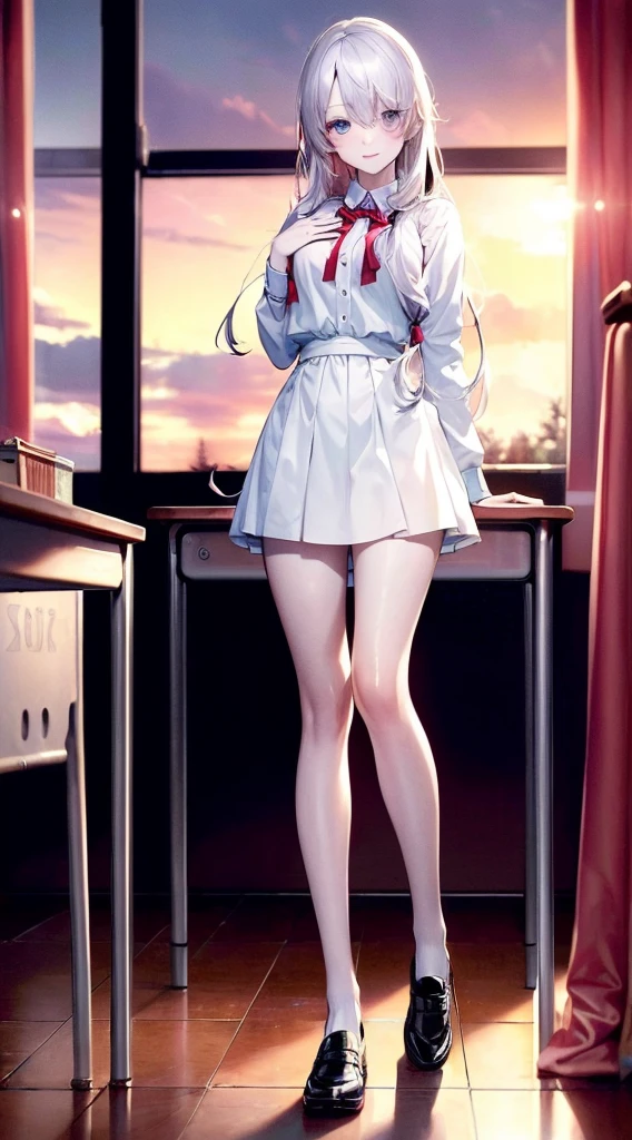 (masterpiece, best quality, high resolution:1.4), solo, 1girl, full body, looking at viewer, classroom, sunset, megami magazine, slim, pale skin, red hair on the left, white hair on the right, long hair, hair over one eye, light smile, blue eyes, medium breasts, school uniform, loafers, knees to chest