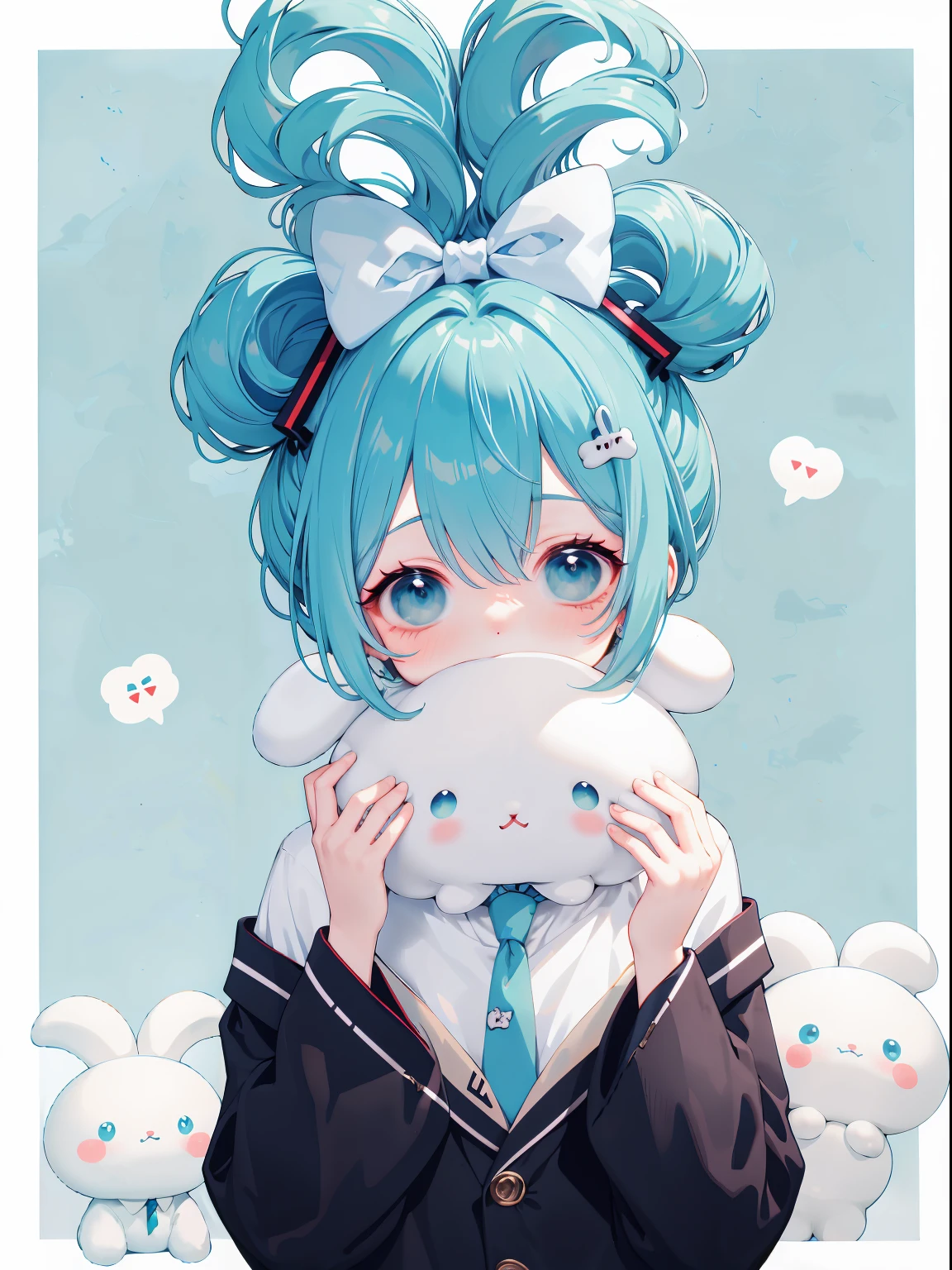 1girl, solo, Cinnamiku, blue hair, blue eyes, hair rings, hair bow, blue bow, (cinnamoroll, tied ears, sanrio, 1other, creature:1.2), CinnaMiku, Cinnamoroll, BLUE EYES, AQUA EYES, blue hair, aqua hair, HAIR_RINGS, Updo, blue bow, cute, kawaii, BLACK SLEEVES, DETACHED SLEEVES, NECKTIE, blue tie, tie clip, AQUA TIE, Miku, frilled shirt, COLLARED SHIRT, WIDE SLEEVES, number tattoo, tattoo, BARE SHOULDERS, HAIR_BEHIND_EAR, 1other