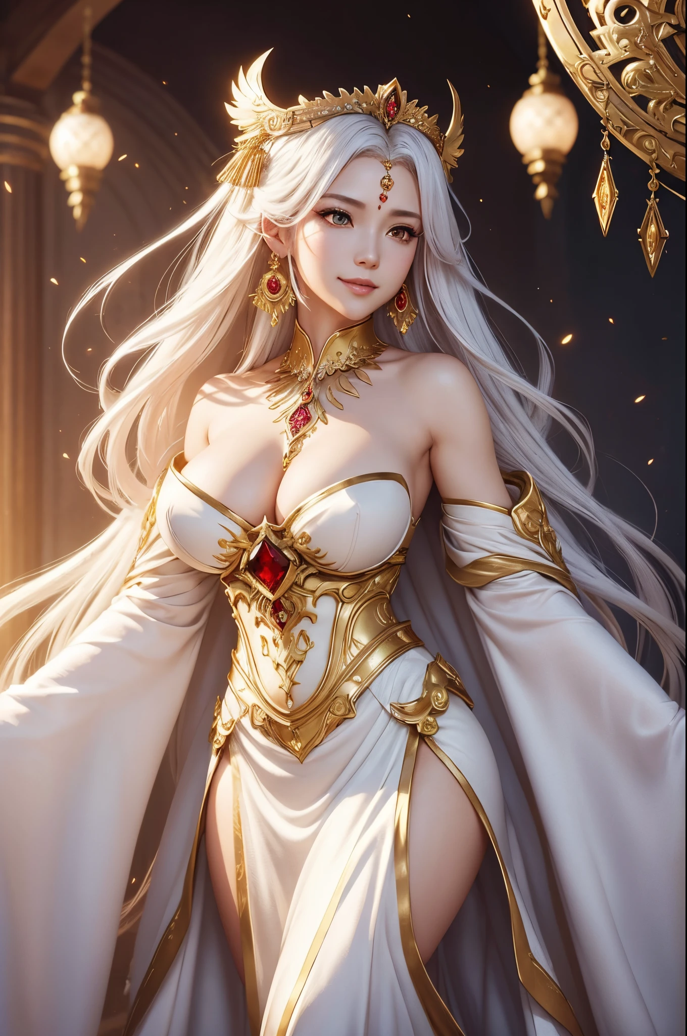 8K,Empress goddess wearing a white dress and holding golden feathers, Mature goddess with very big breasts,Super beauty(Like the real thing)super realistic skin,sexy goddess costume,beautiful long white hair,Delicate and precise golden decoration,fanart best artstation, ig model | ArtGerm, a beautiful fantasy empress, ArtGerm. very detailed Artgerm, 2. 5 d cgi anime fantasy artwork, wlop and ross tran, ((a beautiful fantasy empress)), Trending on CGSTATION, ross tran and wlop,big earrings with red gemstones,Very gentle smile,very large breast,Motherly mature goddess,Look at viewers,
