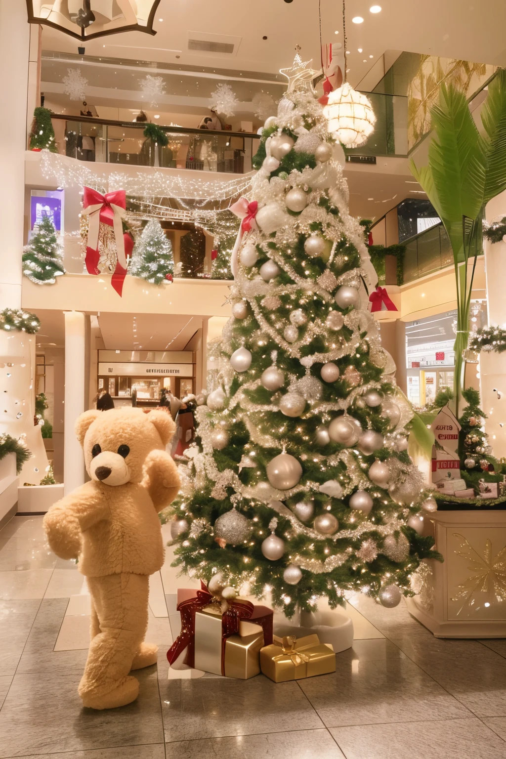 A teddy bear standing next to the Christmas tree, an enormous silver tree, giant white tree, There is a tall tree, Christmas tree, hight decorated, vacation, center tree, toyko, in a mall