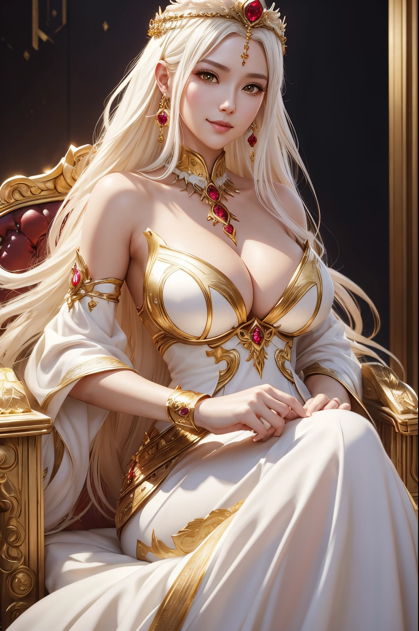 8K,Empress goddess wearing a white dress and holding golden feathers, Mature goddess with very big breasts,Super beauty(Like the real thing)super realistic skin,sexy goddess costume,beautiful long white hair,Delicate and precise golden decoration,fanart best artstation, ig model | ArtGerm, a beautiful fantasy empress, ArtGerm. very detailed Artgerm, 2. 5 d cgi anime fantasy artwork, wlop and ross tran, ((a beautiful fantasy empress)), Trending on CGSTATION, ross tran and wlop,big earrings with red gemstones,Very gentle smile,very large breast,Motherly mature goddess,Look at viewers,