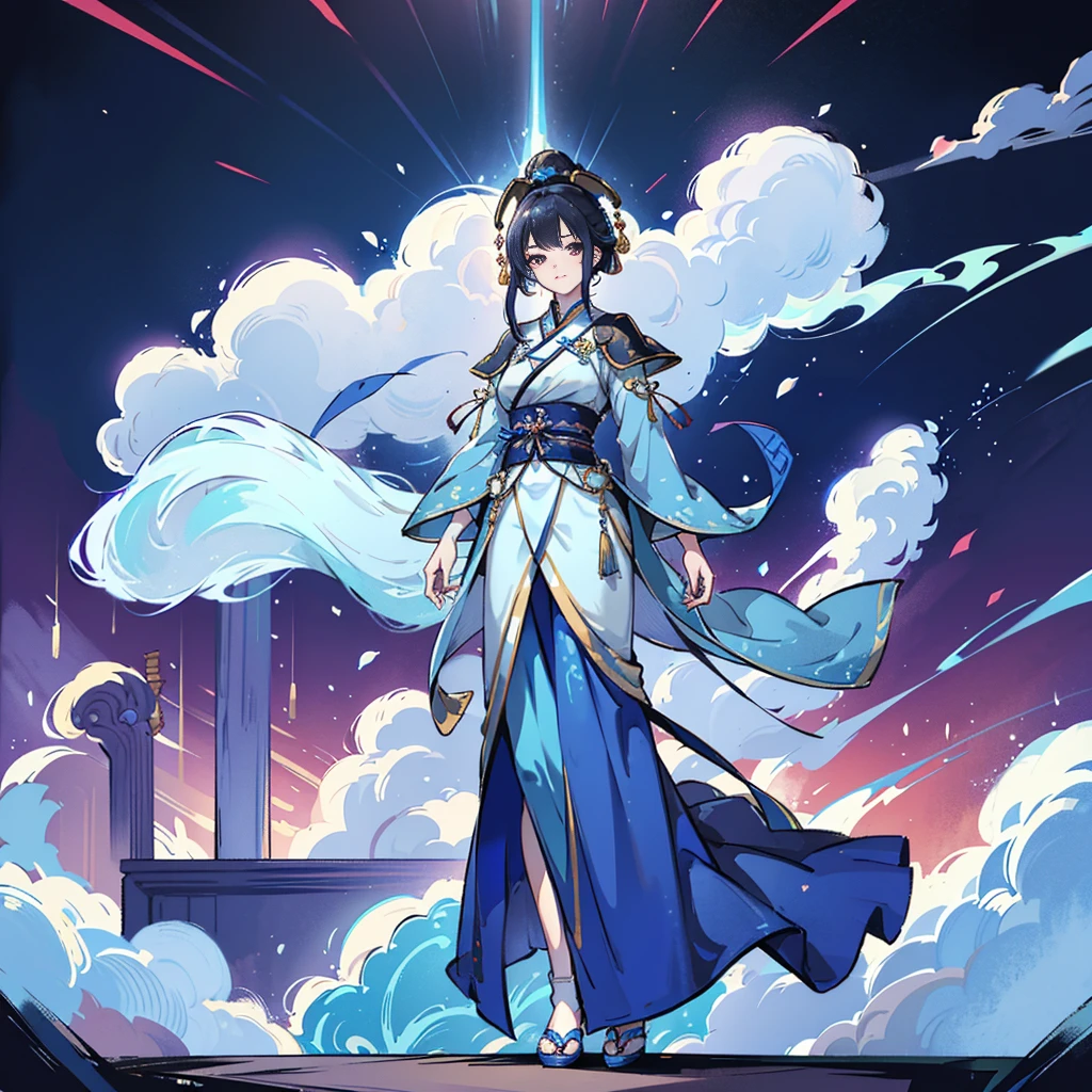 Close-up of a woman in a blue dress standing on stage, full-body xianxia, lunar themed attire, astral witch clothes, inspired by Li Mei-shu, cotton cloud mage robes, fantasyoutfit, tai costume, cloud mage robes, inspired by Leng Mei, Yun Ling, full-body wuxia, flowing magical robe, Xianxia
