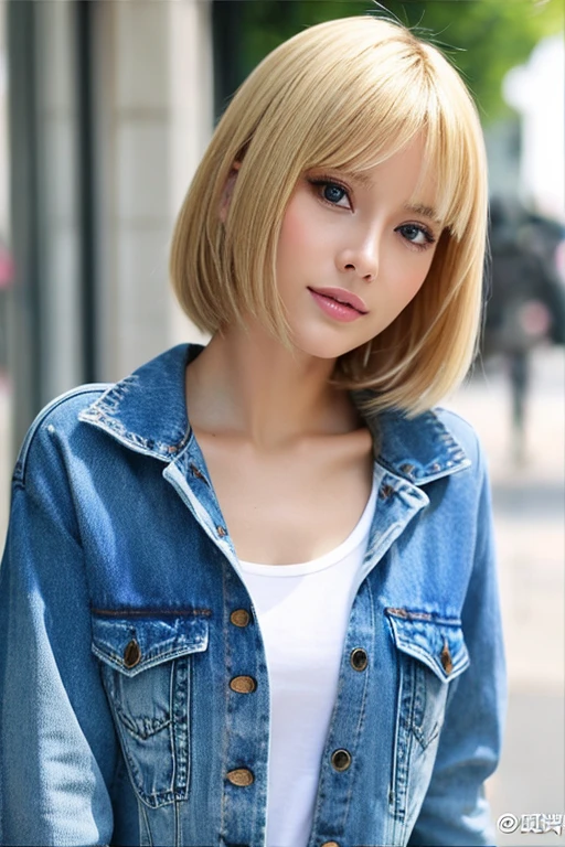 (Best Quality:1.3),a blond、Beautuful Women、bob、sharp eye、hotpants、Denim clothing、Slimed