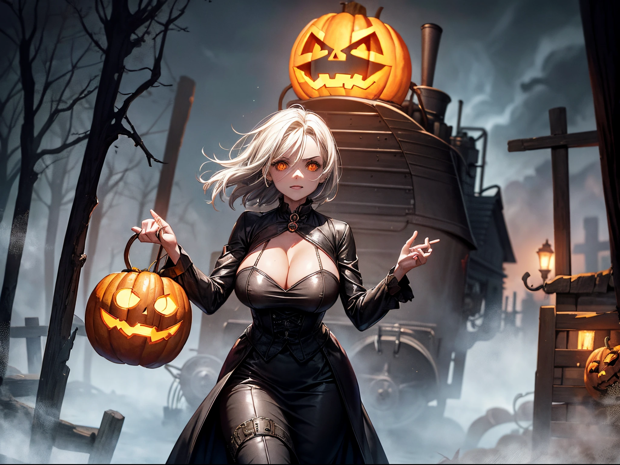 Get ready for a spooky ride as you board a steam-powered locomotive adorned with jack-o'-lanterns and cobwebs. The train hurtles through a haunted landscape filled with undead machines and ghostly apparitions. (Artistic influence from Tim Burton), enormous tits
