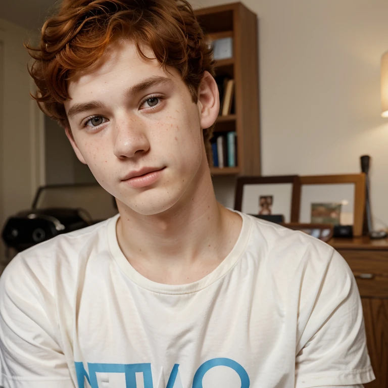 Realistic Photo of a older White and Pale older Teenage Boy, around 19 years old with curly short orange hair, freckles, dark brown eyes, short eyelashes and slightly chubby cheeks, a little nerdy looking and not super handsome