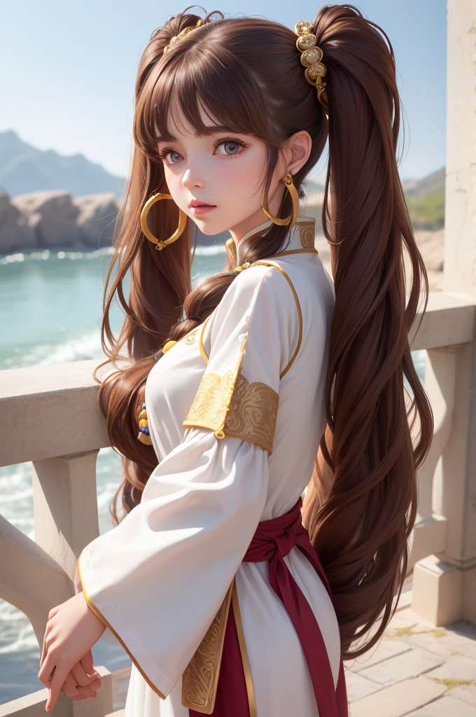 (best quality), (hyperrealistic), mh-yk, 1girl,  solo, brown hair, brown eyes, , long hair, chinese clothes, twintails, outdoor, hair rings, dress, jewelry, bangs