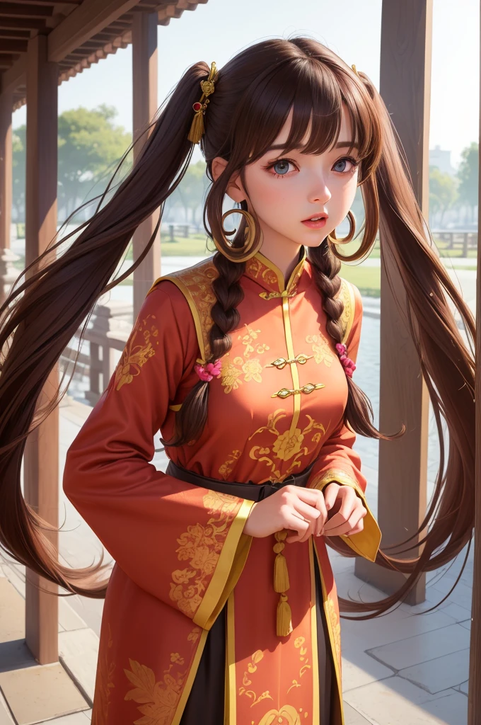 (best quality), (hyperrealistic), mh-yk, 1girl,  solo, brown hair, brown eyes, , long hair, chinese clothes, twintails, outdoor, hair rings, dress, jewelry, bangs