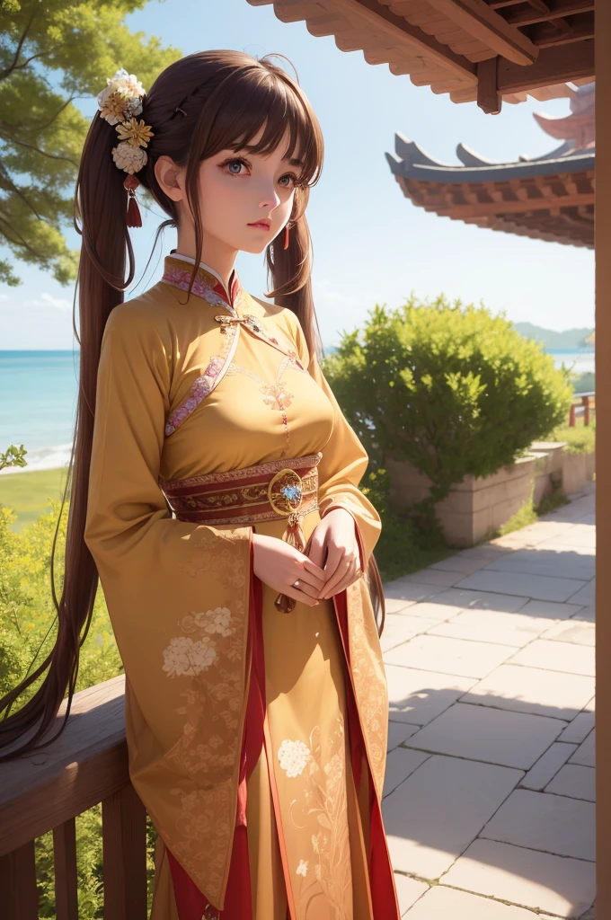 (best quality), (hyperrealistic), mh-yk, 1girl, solo, brown hair, brown eyes, , long hair, chinese clothes, twintails, outdoor, hair rings, dress, jewelry, bangs