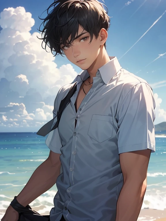 masterpiece, top quality, 1 man, mature, tall man, beautiful blue ocean, young man, short hair, black hair with grey highlights, short hair blowing in the wind, brown eyes, soft expression, beautiful young man, black high neck shirt, gms, (upper body), staring at the sky