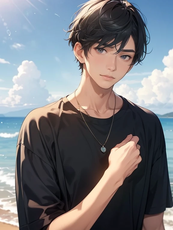 masterpiece, top quality, 1 man, mature, tall man, beautiful blue ocean, young man, short hair, black hair with grey highlights, short hair blowing in the wind, brown eyes, soft expression, beautiful young man, black high neck shirt, gms, (upper body), staring at the sky
