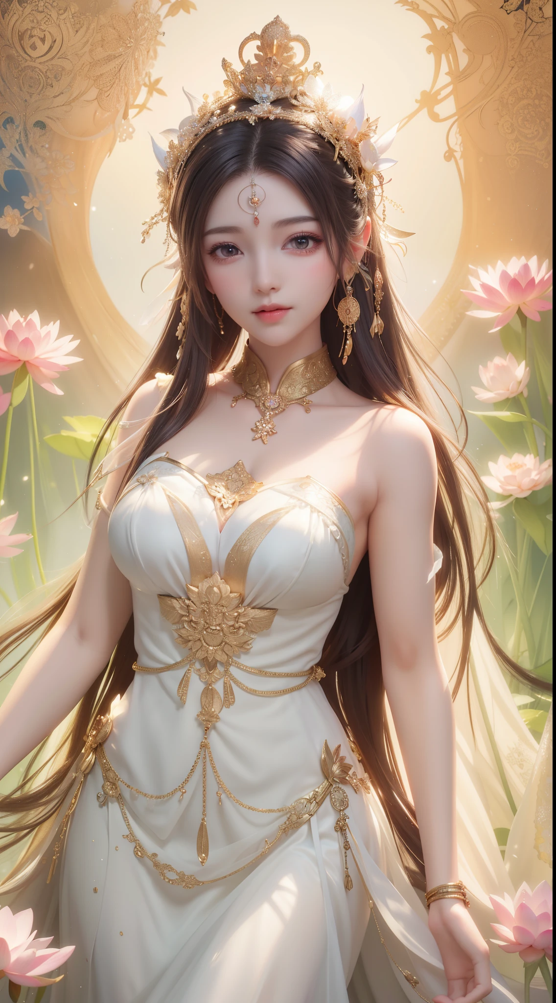 Arahed statue of a woman in a white dress with a crown and a lotus flower, gilded lotus princess, ross tran 8 k, standing gracefully upon a lotus, a beautiful fantasy empress, alphonse mucha and rossdraws, by Li Song, by Yang J, a stunning portrait of a goddess, goddess portrait, ethereal beauty, Goddess. extremely high detail