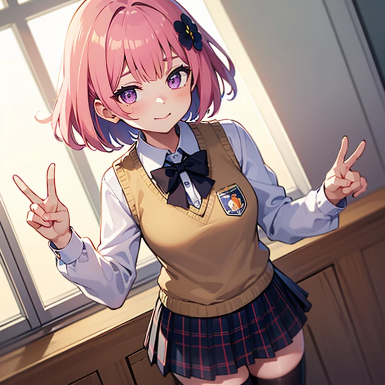 PH Momo, momohd, phmomo, Solo, 1girl in,  Pink hair, Purple eyes, Short hair, Hair Flower, Sweater Vest, School uniform, Big eyes, plaid skirts, black thighhighs,Making a peace sign, embarrassed