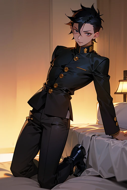 1 Boy, dark hair, short hair, golden eyes, white shirt, black slacks, Black Gakuran, on sheets, (kneeling:1.0),(bare one's shirt:1.0), (take off one's Gakuran:1.3),(open clothes:1.6), cool, (sexy:1.5), Fascinating, evil smile,(parted lips), pale skin,(background: on bed in bedroom, sunset outside, dimly lit room, lamp light, soft lighting),(sunset:1.0), The dim,(Facing forward.:1.0),(Looking forward:1.0), Turn body to the front, (night:1.0), high quality, high resolution, masterpiece
