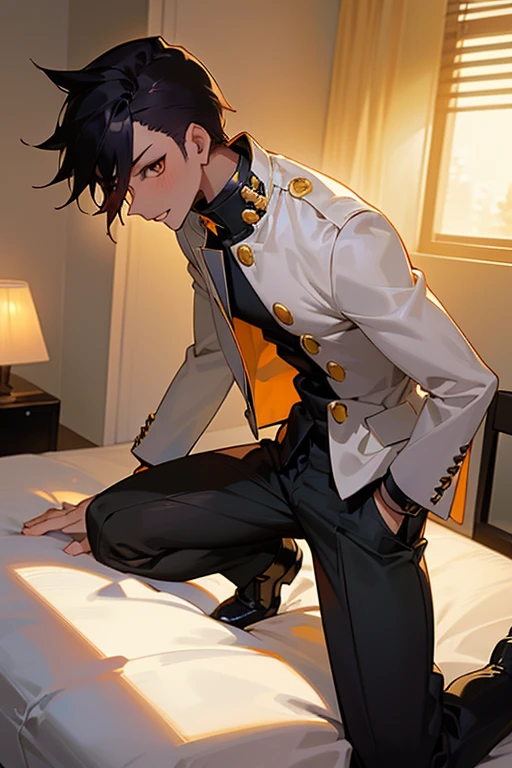 1 Boy, dark hair, short hair, golden eyes, white shirt, black slacks, Black Gakuran, on sheets, (kneeling:1.0),(take off one's Gakuran:1.5),(open clothes:1.3), cool, (sexy:1.5), Fascinating, evil smile,(parted lips), pale skin,(background: on bed in bedroom, sunset outside, dimly lit room, lamp light, soft lighting),(sunset:1.0), The dim,(Facing forward.:1.0),(Looking forward:1.0), Turn body to the front, (night:1.0), high quality, high resolution, masterpiece