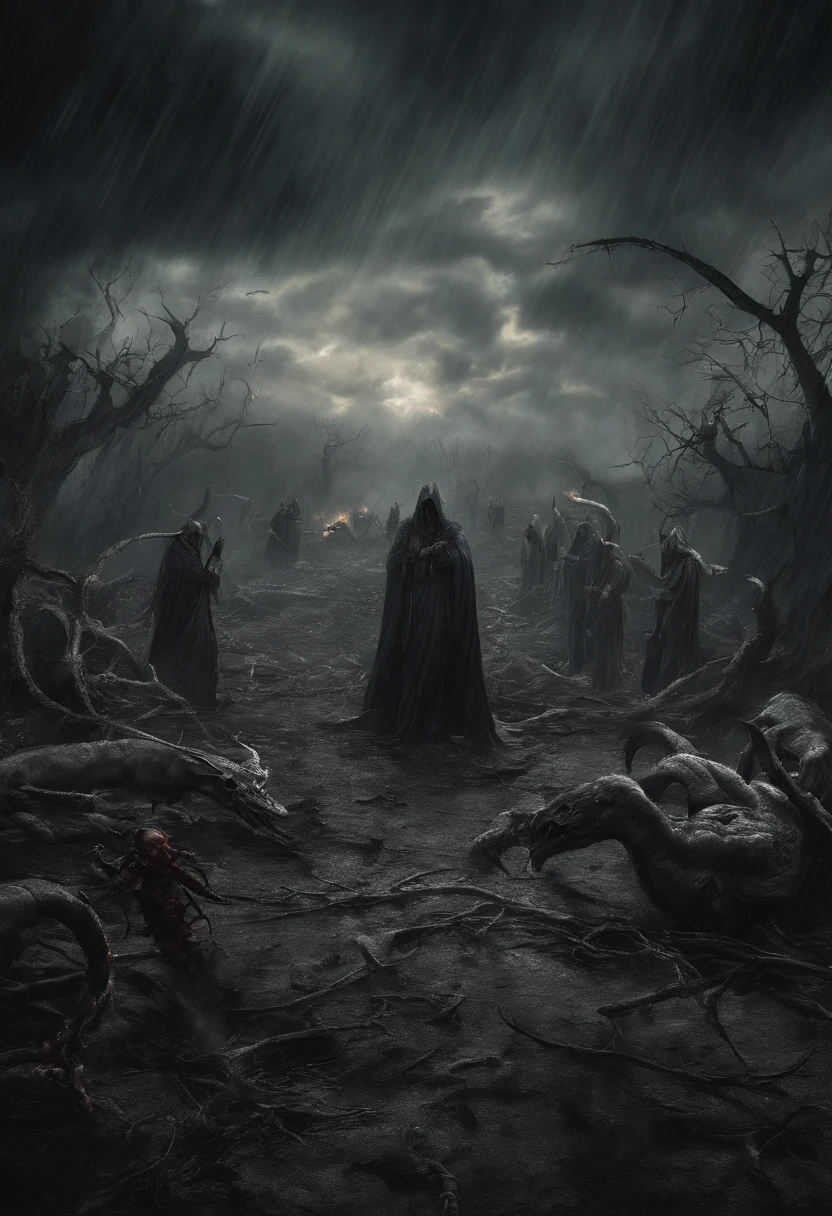 angelic and demonic battle, apocalyptic showdown, (masterpiece, high resolution, high quality, ultra realistic:1.2), heavenly and hellish creatures, intense light and shadow, epic clash, surreal landscape, dramatic composition, vivid colors, divine radiance, eerie darkness, fiery explosions, intricate details, supernatural beings, godly powers, sinister atmosphere