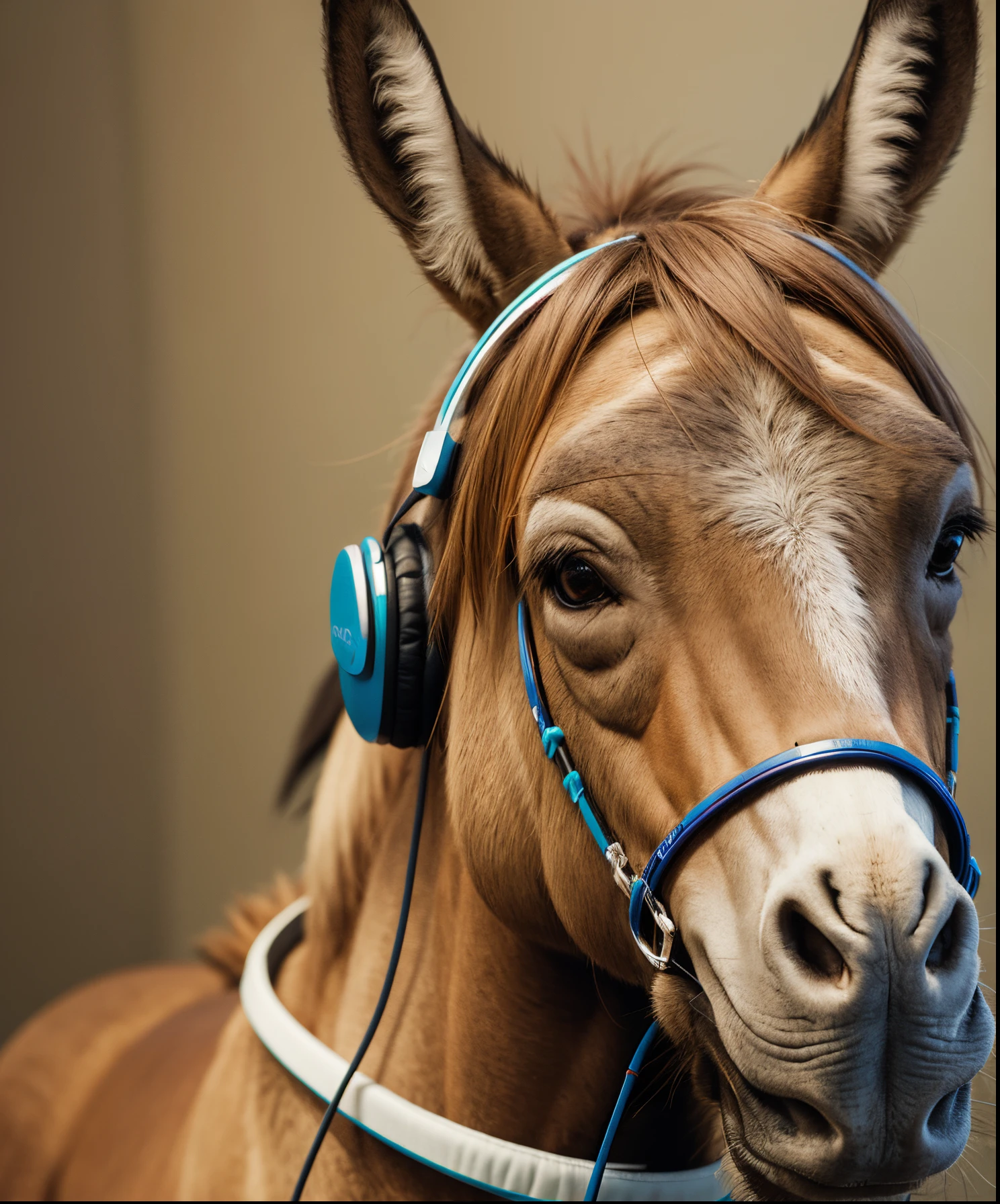 Draw me a picture with a horse that is wearing headphones and sunglasses and playing music in a bar with turntables like a DJ. In the border, there are many plants and palms