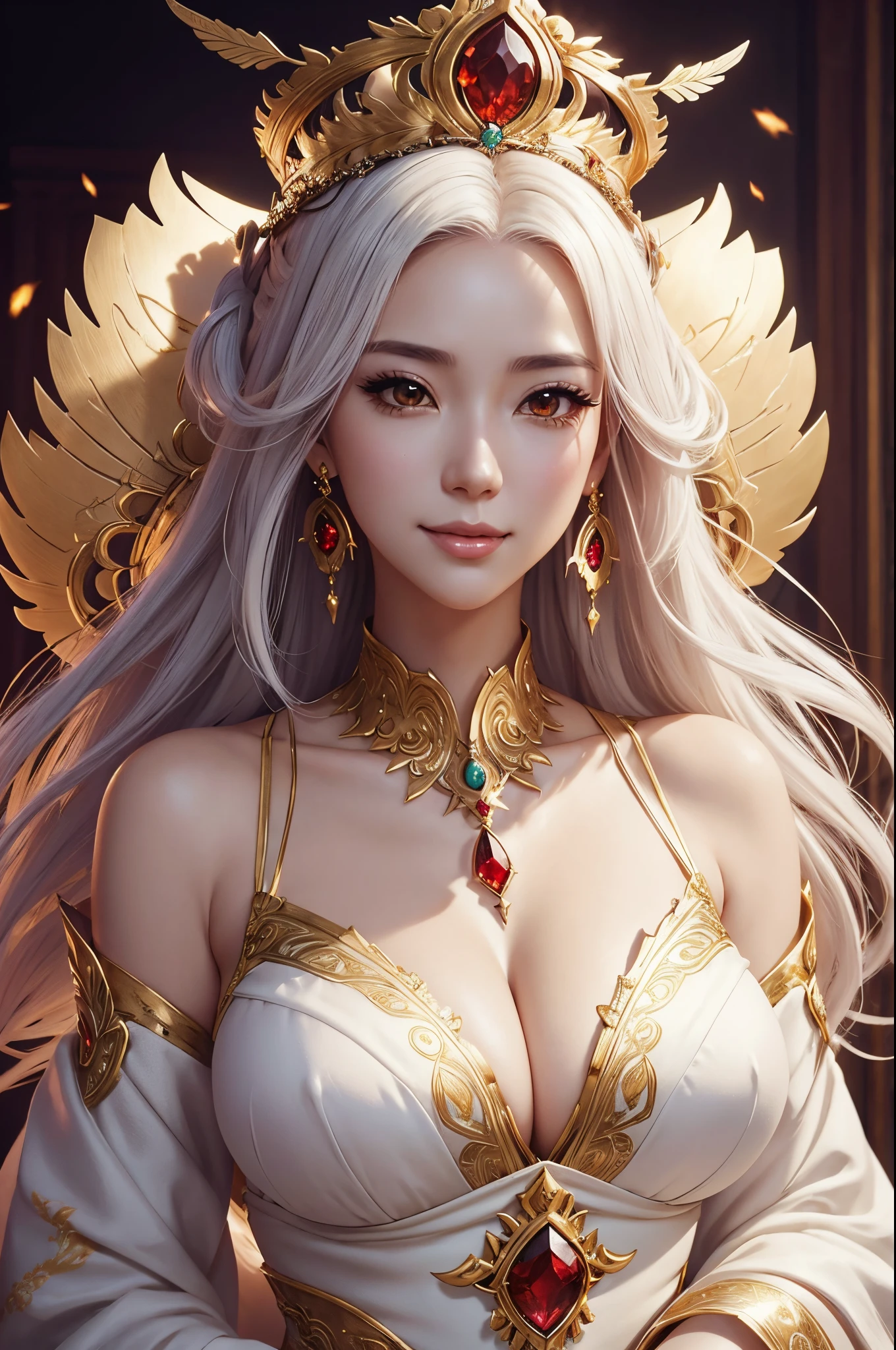 8K,Empress goddess wearing a white dress and holding golden feathers, Mature goddess with very big breasts,Super beauty(Like the real thing)super realistic skin,sexy goddess costume,beautiful long white hair,Delicate and precise golden decoration,fanart best artstation, ig model | ArtGerm, a beautiful fantasy empress, ArtGerm. very detailed Artgerm, 2. 5 d cgi anime fantasy artwork, wlop and ross tran, ((a beautiful fantasy empress)), Trending on CGSTATION, ross tran and wlop,big earrings with red gemstones,Very gentle smile,very large breast,Motherly mature goddess,Look at viewers,