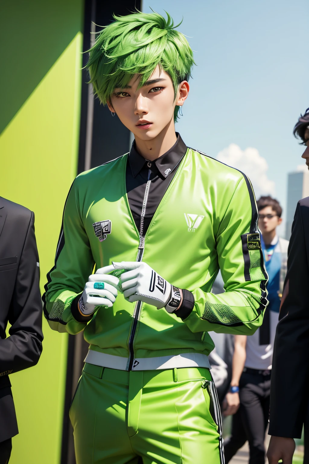 kpop boy with messy lime green fadecut hair, personality: prankster, happy, a green one-suit with a diamond print style, lime golfing attire of golfers, green golf sweatshirt, rubber band hand gloves,