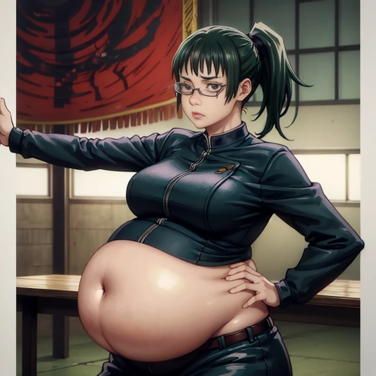 art by kipteitei, 1girl, dark green hair , hair in pony tail, maki zenin from the anime jujutsu kaisen, big plump belly, huge belly, pretty face, nose, lips, beautiful eyes, circle glasses, (best quality, masterpiece, 4k, sharp focus), professional photograph, sharp focus, dramatic, award winning, cinematic lighting, octane render, unreal engine, volumetrics dtx,