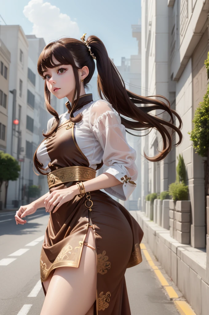 (best quality), (hyperrealistic), mh-yk, 1girl,  solo, brown hair, brown eyes, , long hair, chinese clothes, twintails, outdoor, hair rings, dress, jewelry, bangs