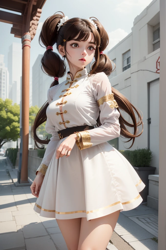 (best quality), (hyperrealistic), mh-yk, 1girl,  solo, brown hair, brown eyes, , long hair, chinese clothes, twintails, outdoor, hair rings, dress, jewelry, bangs