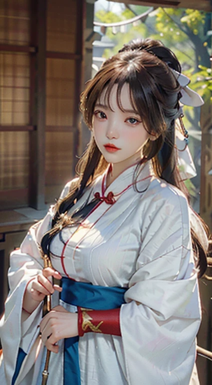 Close-up of a woman in a white dress holding a sword，Full body like，Faraway view，a character portrait by Yang J，The popularity of CGsociety，A black ribbon covers the eyes，Fantasyart，beautiful character painting，best qualtiy，tmasterpiece，超高分辨率，（fidelity：1.4），RAW photogr，sportrait，（A half body：1.4），ultra-wide-angle，Guviz-style artwork，Guvitz，white hanfu，flowing white robe，full-body wuxia，epic exquisite  character art，stunning character art，Beutiful women