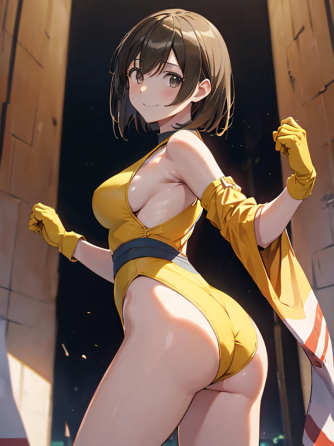 (masutepiece, Best Quality:1.2), Cowboy Shot, Solo, 1girl in, Hiryū, Smile, Looking at Viewer,yellow leotard、highleg、 , partially fingerless gloves、The background is professional wrestling、s ass、is standing、Facing the front