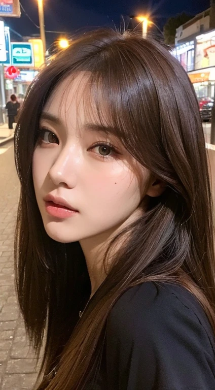 (Best quality, High resolution, Masterpiece :1.3), A pretty woman, Slender figure, Dark brown hair, T-shirt, (Street in city at night), Highly detailed face and skin texture, Detailed eyes, Double eyelid