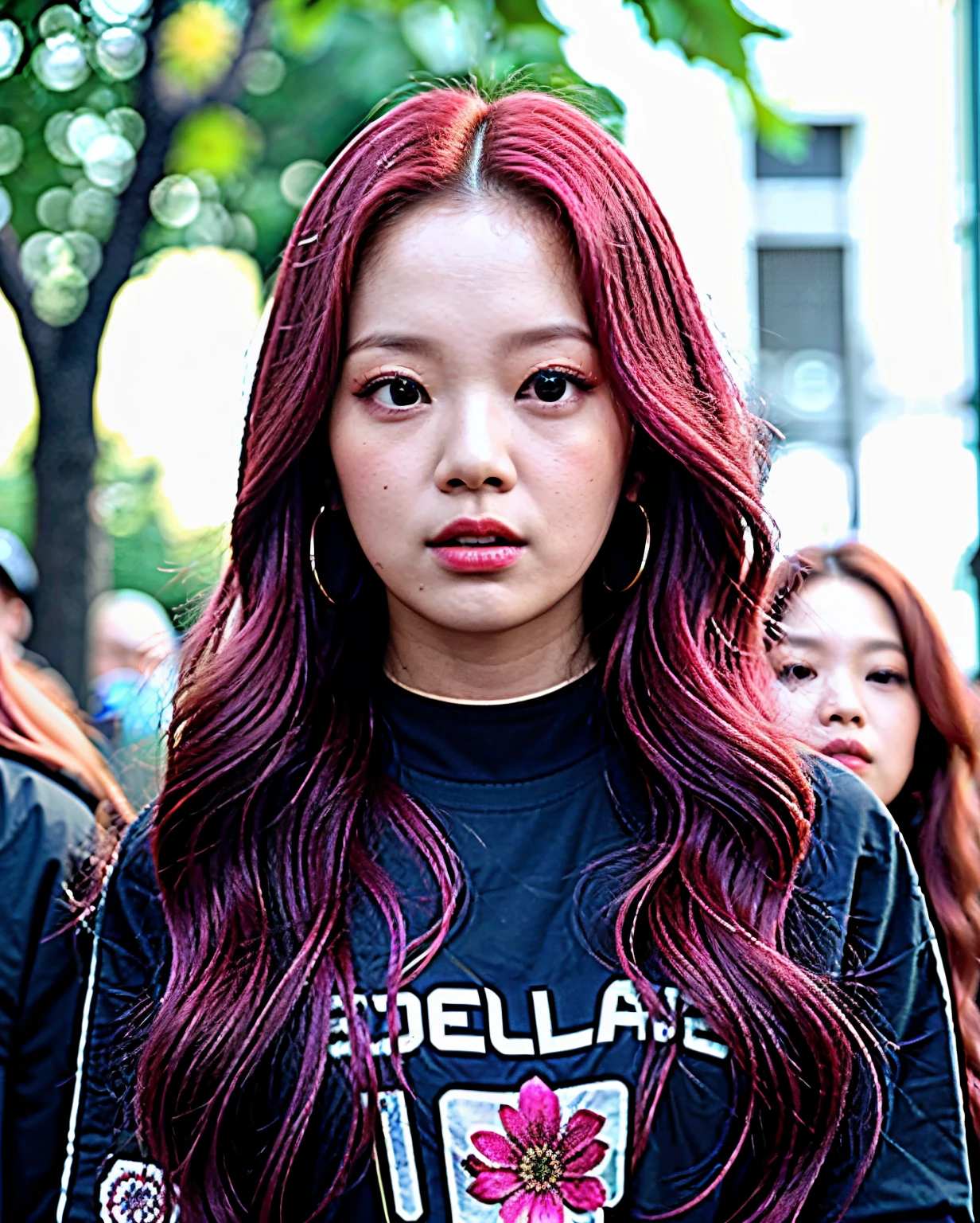 um close up de uma mulher com cabelos longos e uma camisa com estampa de flores, jennie blackpink, jossi do blackpink, Parque Roseanne do Blackpink, jisoo do blackpink, Jisoo do Blackpink, Retrato de Jossi de Blackpink, cabelos longos de cor castanha, com cabelos longos, Ela tem longos cabelos castanhos claros, Dom Yunjoo, com cabelos longos e olhos penetrantes, cabelos longos castanhos, qualidade boa, imagem realista, 8K