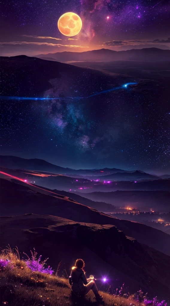 Extra full shot, expansive landscape photograph , (a view from behind that shows sky above and open field below), a girl sitting on grass field looking up, (full moon:1.2), ( shooting stars:0.9), (nebula:1.3), distant mountain, tree BREAK production art, (warm light source:1.2), (Firefly:1.2), lamp, lot of purple and orange, intricate details, volumetric lighting BREAK (masterpiece:1.2), (best quality), 4k, ultra-detailed, (dynamic composition:1.4), highly detailed, colorful details,( iridescent colors:1.2), (glowing lighting, atmospheric lighting), dreamy, magical, (solo:1.2)
