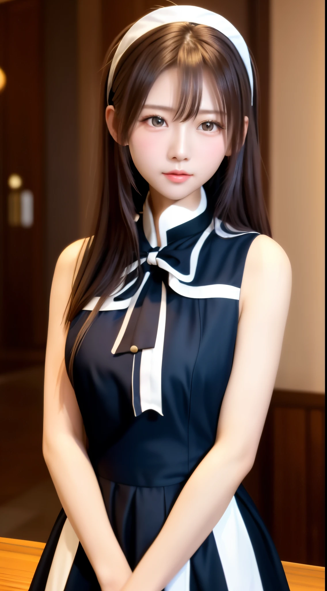 8K, Highest quality, On the table:1.2), (actual, 真实感:1.37), Highest quality, On the table, bautiful young woman, A pensive expression,、a charming、and attractive appearance, Cute maid outfit, Hair tied behind the head, movie background, light skin color