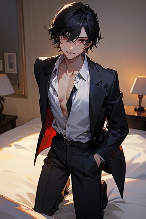 1 Boy, dark hair, ,white shirt, black slacks, on sheets, (kneeling:1.0),(half-removed jacket:1.5),(open clothes:1.3), cool, (sexy:1.5), Fascinating, evil smile,(parted lips), pale skin,(background: on bed in bedroom, sunset outside, dimly lit room, lamp light, soft lighting),(sunset:1.0), The dim,(Facing forward.:1.0),(Looking forward:1.0), Turn body to the front, (night:1.0), high quality, high resolution, masterpiece