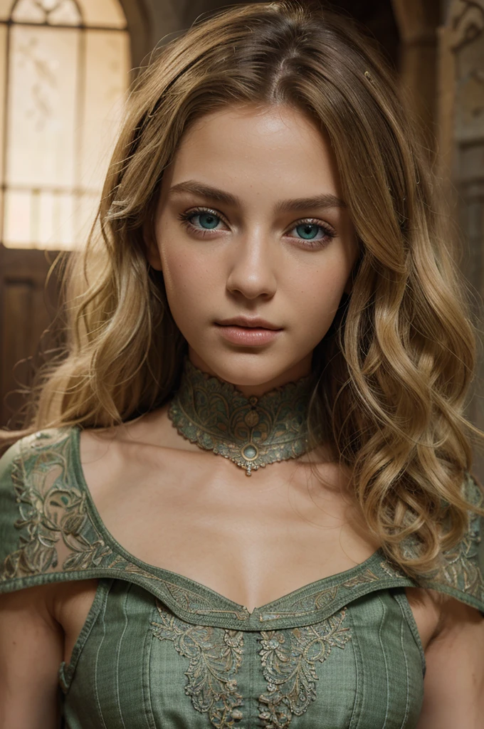 1girl, masterpiece, best quality, 8k, detailed skin texture, detailed cloth texture, beautiful detailed face, intricate details, ultra detailed, a european girl, green eyes, blonde curly hai, 3D character, Medieval Knight