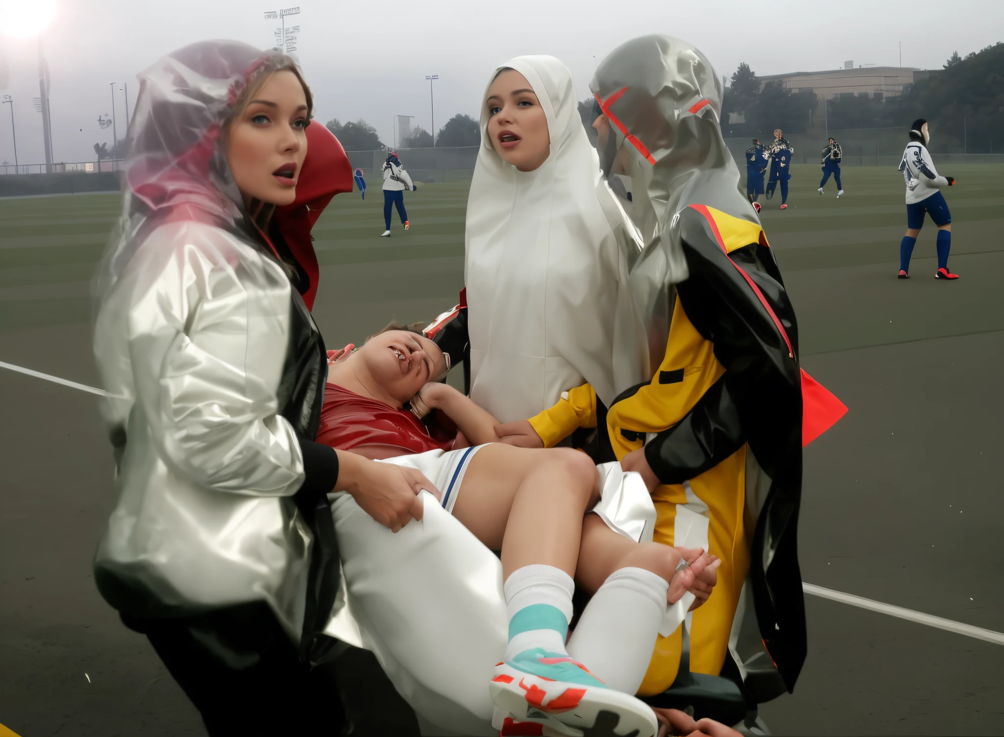 soccer, soccer scene, soccer stadium, soccer action, an erotic love scene, loving action, erotic, orgasmic scene, fetish, fetish action, a consciousless sportsman in matte cotton sportswear is lying in the arms of two beautiful women, a consciousless sportsman in matte sportswear is helplessly hanging in two beautiful women's arms, there are attractive madeup women in very high-shine jackets, terrified but attractive madeup women are holding an injured sportsman, a wounded sportsman is crying in pain while he is held in the arms of two very attractive and madeup women, an injured sportsman is carried, two attractive and madeup women in wet and shiny plastic-jackets are giving first aid, dramatic action scene, first aid, injury, pain, agony, helping women, women carrying a man, two attractive women in shiny wet jackets, two attractive women in wetlook shiny patent-leather jackets with lipstick and madeup smokey eyes, a consciousless shorthaired sportsman in matte cotton sportswear, a shorthaired fainting sportsman in cotton sportswear, a fainted sportsman in cotton sportswear is helplessly hanging in the arms of two attractive women with a shiny patent-jackets, two attractive and madeup women with lots of makeup in very shiny wet jackets, two attractive women wearing very shiny jackets, two attractive women are holding a sportsman, two attractive women in shiny leather with lipstick, two attractive women are carrying an injured sportsman, a matte clothed and injured sportsman, a shorthaired and injured sportsman, a shorthaired boy needs to be carried while wearing matte cotton sportswear, there are all leather-clad women holding an injured sportsman, shocked women are screaming out with horror, terrified and sad women are shouting in absolute horror, photoshopped, realistic shot, funny professional photo, realistic photo shoot