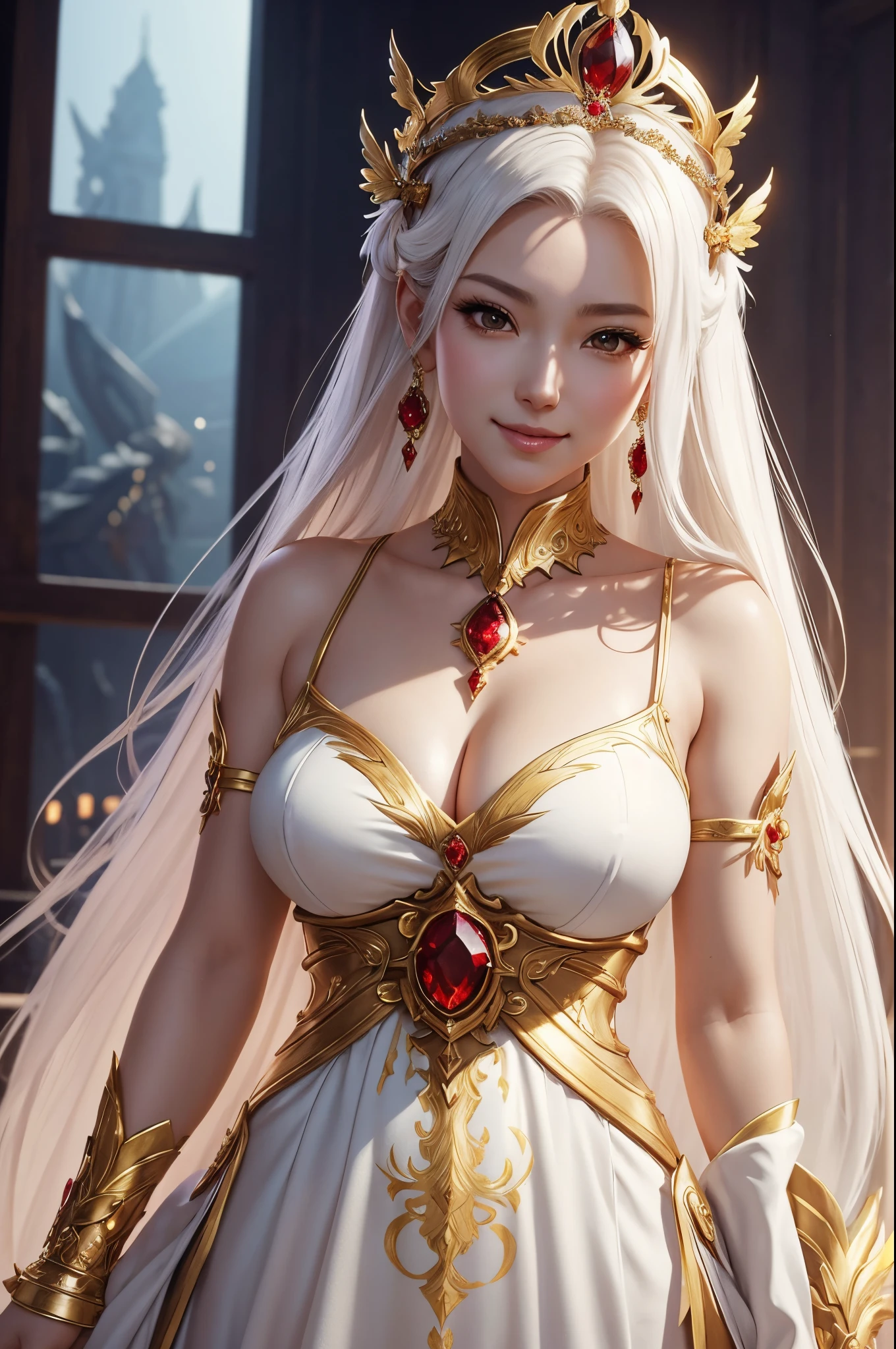 8K,Empress goddess wearing a white dress and holding golden feathers, Mature goddess with very big breasts,Super beauty(Like the real thing)super realistic skin,sexy goddess costume,beautiful long white hair,Delicate and precise golden decoration,fanart best artstation, ig model | ArtGerm, a beautiful fantasy empress, ArtGerm. very detailed Artgerm, 2. 5 d cgi anime fantasy artwork, wlop and ross tran, ((a beautiful fantasy empress)), Trending on CGSTATION, ross tran and wlop,big earrings with red gemstones,Very gentle smile,very large chest with tension,,Motherly mature goddess,Look at viewers,Golden Eyes,