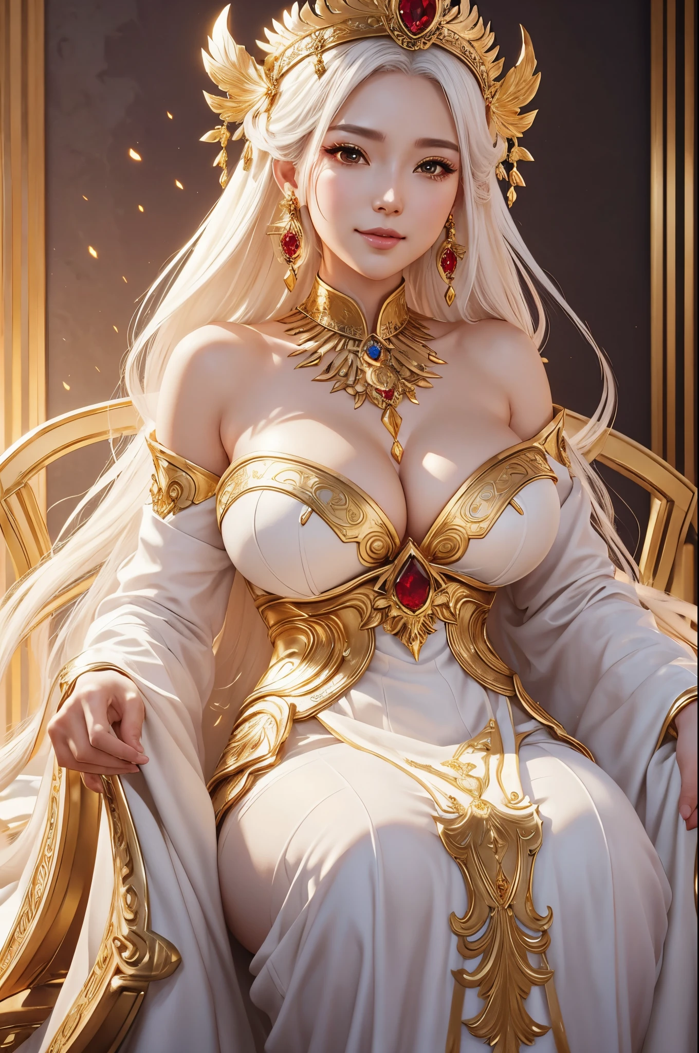 8K,Empress goddess wearing a white dress and holding golden feathers, Mature goddess with very big breasts,Super beauty(Like the real thing)super realistic skin,sexy goddess costume,beautiful long white hair,Delicate and precise golden decoration,fanart best artstation, ig model | ArtGerm, a beautiful fantasy empress, ArtGerm. very detailed Artgerm, 2. 5 d cgi anime fantasy artwork, wlop and ross tran, ((a beautiful fantasy empress)), Trending on CGSTATION, ross tran and wlop,big earrings with red gemstones,Very gentle smile,very large chest with tension,,Motherly mature goddess,Look at viewers,Golden Eyes,
