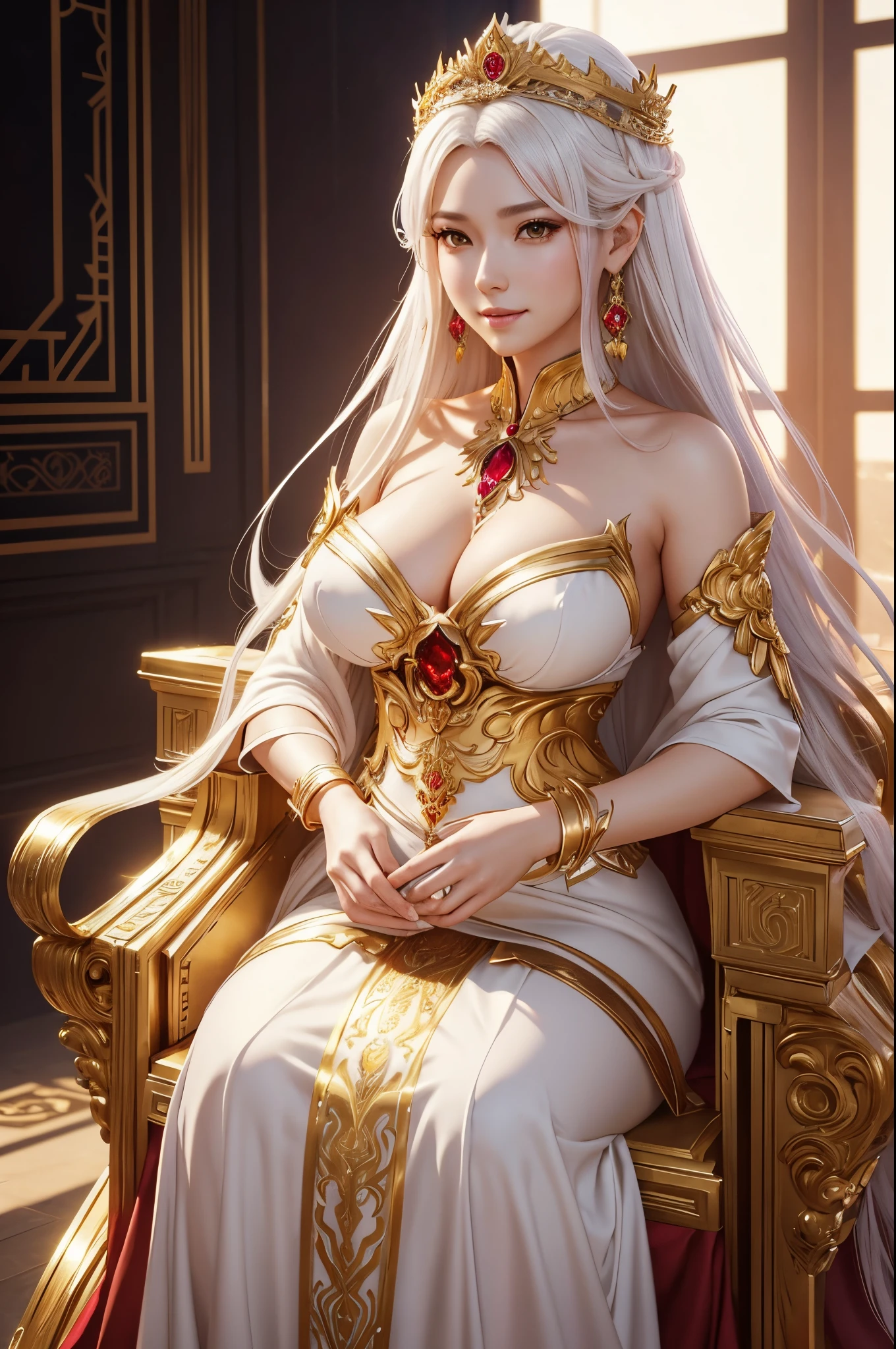 8K,Empress goddess wearing a white dress and holding golden feathers, Mature goddess with very big breasts,Super beauty(Like the real thing)super realistic skin,sexy goddess costume,beautiful long white hair,Delicate and precise golden decoration,fanart best artstation, ig model | ArtGerm, a beautiful fantasy empress, ArtGerm. very detailed Artgerm, 2. 5 d cgi anime fantasy artwork, wlop and ross tran, ((a beautiful fantasy empress)), Trending on CGSTATION, ross tran and wlop,big earrings with red gemstones,Very gentle smile,very large chest with tension,,Motherly mature goddess,Look at viewers,Golden Eyes,
