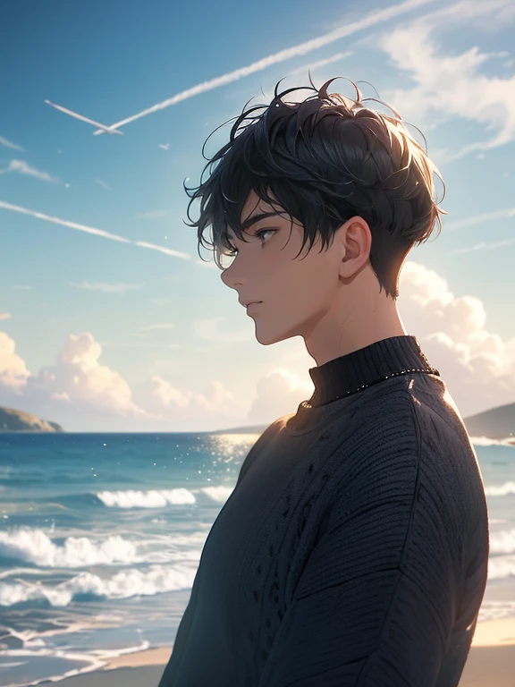 masterpiece, top quality, 1 man, mature, tall man, beautiful scenery, blue ocean, young man, short hair, black hair with grey highlights, short hair blowing in the wind, brown eyes, soft expression, beautiful young man, black knit sweater, staring at the sky, breathtaking, cinematic lights, gms, (upper body)