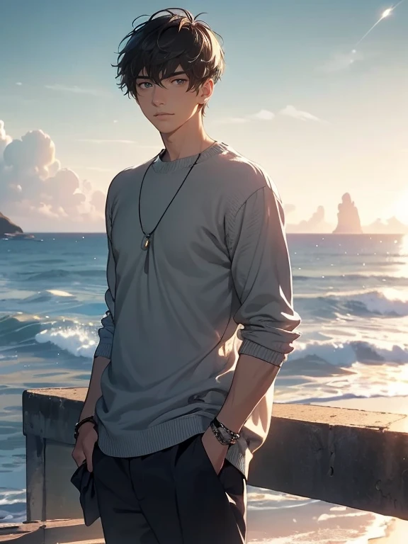 masterpiece, top quality, 1 man, mature, tall man, beautiful scenery, blue ocean, young man, short hair, black hair with grey highlights, short hair blowing in the wind, brown eyes, soft expression, beautiful young man, black knit sweater, staring at the sky, breathtaking, cinematic lights, gms, (upper body)