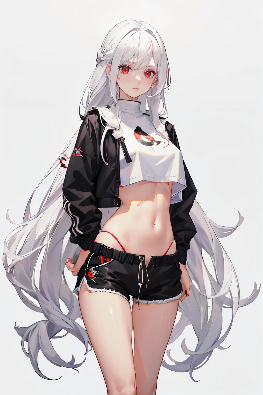 1girl, white hair, red eyes, navel, looking at viewer, hand on hip, black jacket, dolphin shorts, groin, (white shirt:1.2), braid, very long hair, wide hips, 
underboob, shirt, 
big\(BodyProportions\),