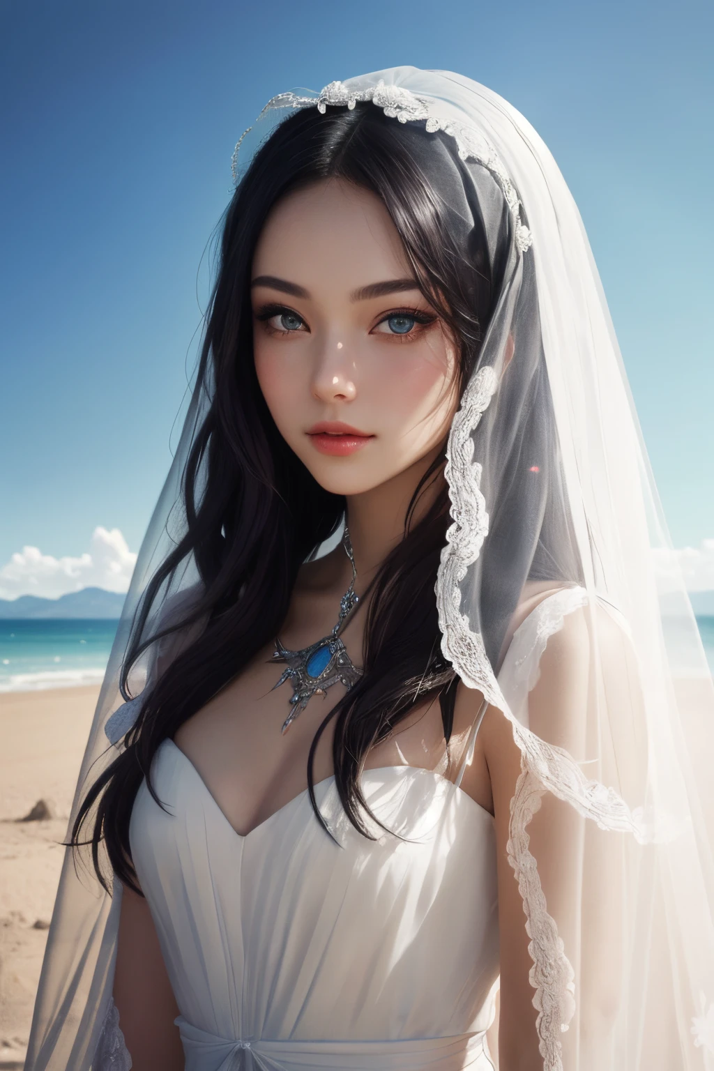 sakimiChanStyle, WLOP style, Portrait, finerly detailed face, Beautiful woman, Plump lips, Opaque veil, Medieval veil, Headrails, 12th century, Heterochromia eyes, Iridescent eyes, medieval clothing, Briaux, Lord of the Rings Gown, close to perfection, beautiful anime style, Character Panorama, Clean and detailed face, Glowing shadows, beautiful gradients, depth of fields, Clean graphics, High quality, high detailing, High Definition, Luminous Studio graphics engine