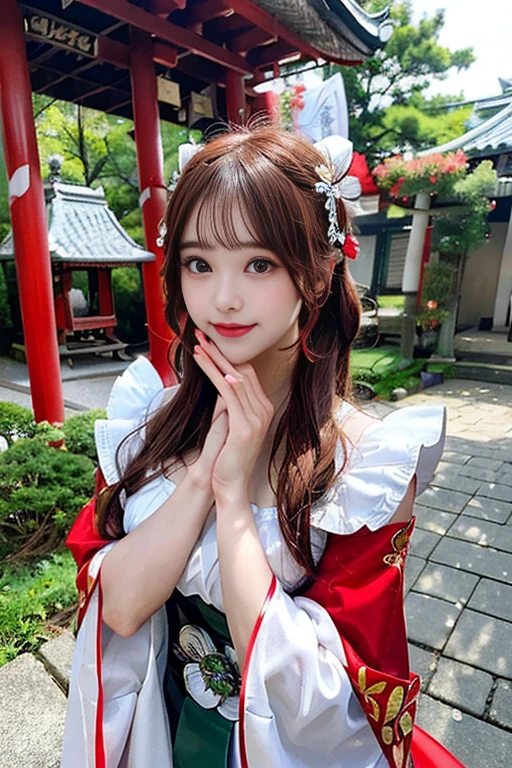 (masterpiece、top-quality、ultra - detailed、rays of sunshine、电影灯光)、(Japanese anime cosplay、)、(famous japanese idol girl、)、(Japan goddess、A girl at a shrine、White witch costume、also red、)、(messy hair、Short reddish-brown hair、pony tails、Cherry blossom hair accessories、hair pin、)、eye glass、With a bamboo broom、Just look at the audience、A beautiful face mesmerizes the audience、(Precinct background、)、standing on cobblestones、Fluttering、bended forward、Full, large breasts、Beautiful breast slippery、Glossy glossy skin、ventania、beautiful hand、Beautiful Finger、A masterpiece of elaborate making、Complicated details、A detailed的the face、Delicate hair、Detailed red mouth、delicate red cheeks、A smile of shame、