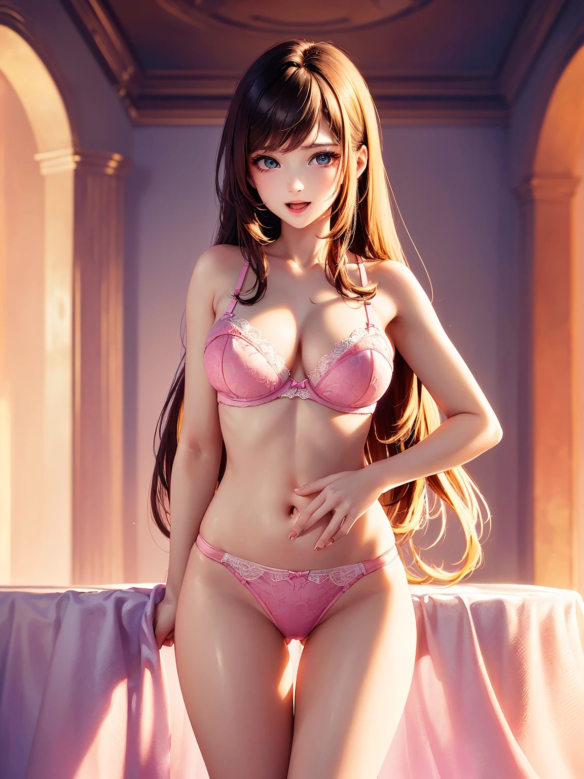 (top quality picture、masterpiece level、very high res、An ultra-high picture quality、High quality pixels)、(1girl in,She is a very beautiful woman、and she is 20 years old、1 person、Single、Beautiful beauties,Beautiful face written in detail,Beautiful body,Strong-willed eyes,Beautiful eyes,Beautiful hair,Beautiful skin texture,Beautiful hair quality)、(Slender body and beautiful breasts)、(Lovely smile,Open mouth)、(Wearing pink lace bra,Wearing pink lace panties,Underwear,adult-like),(Bedrooms),(Beautiful Art Style,an animated character、The whole picture、Detailed picture、accurate anatomy、Defect-free images、extremely detailed picture、Accurate images、image perfect)、(Best Shot Photo 1.2)